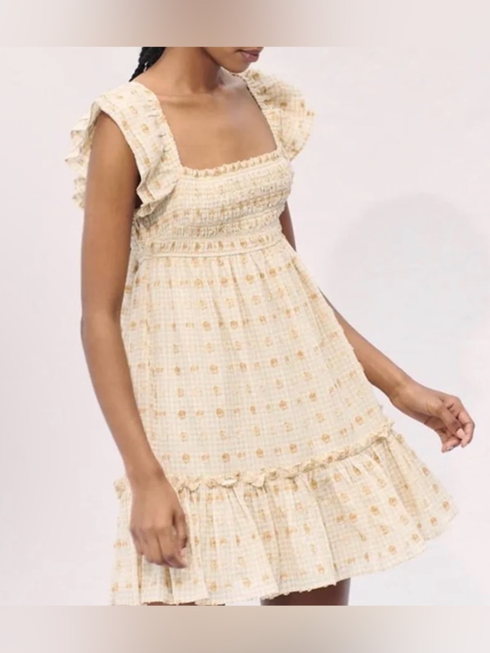 SAYLOR Cream and Tan Gingham Polka Dotted Tiered Mini Dress - Size XS